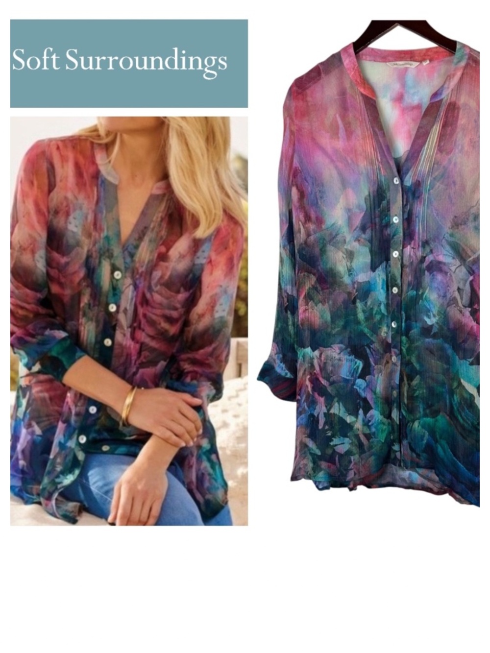Soft Surroundings Shirt Top Blouse Sz XL 14 16 Floral Watercolor Sheer Artsy